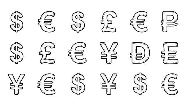 Extensive collection of fifteen hand-drawn style international currency symbols, including Dollar, Euro, Pound, and Yen, with textured outlines.