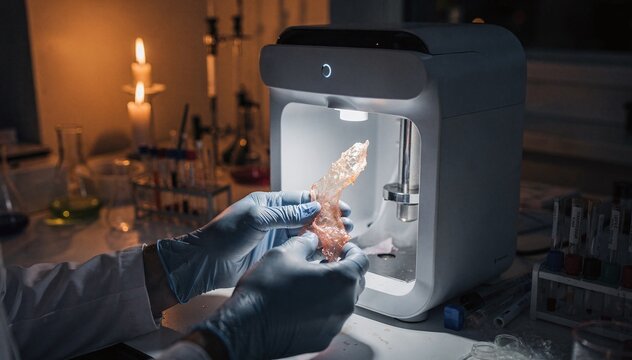 Scientist Hands in Gloves Hold and Examine Biomaterial Specimen with Lab Equipment and Lit Candles in a dimly Lit Laboratory