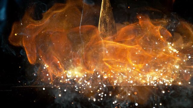 Close-up of blacksmith forging glowing hot iron on anvil with flying sparks. Super slow motion filmed on high-speed cinema camera at 1000 fps