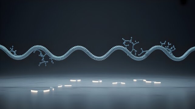 Stylized single-strand mrna helix above illuminated lab chip representing mrna sequence delivery and synthetic vaccine platform.