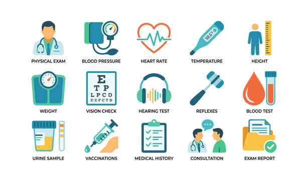 Medical exam icons showing tests and records on white background