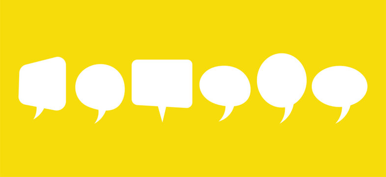 Collection of six white speech bubbles with varied shapes on a bright yellow background chat