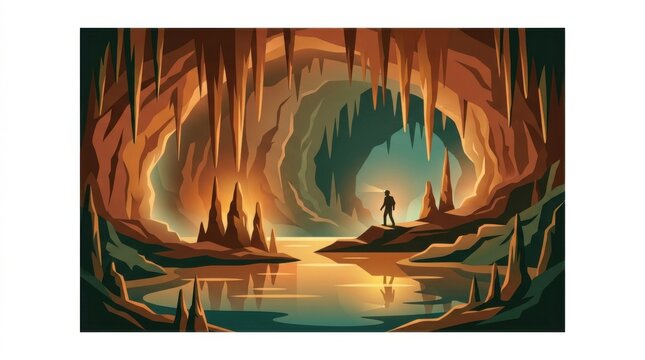 Explorer in Illuminated Cave with Stalactites and Lake