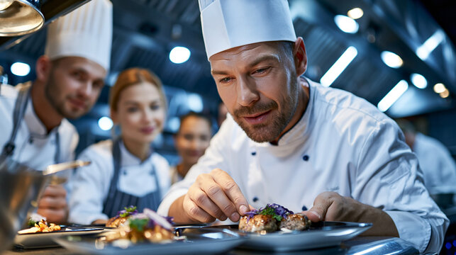 Industrial kitchen with a chef demonstrating measured portioning to a group of culinary students, steel counters gleaming under harsh overhead lights, ideal for portion control, professional nutriti