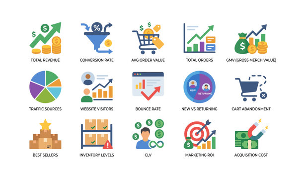 Ecommerce metrics icons showing revenue and traffic analytics in grid