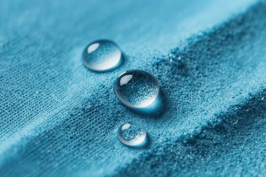 Water droplets rest on textured blue fabric. The surface repels liquid showing its protective qualities. Clean textile with clear water beads, macro view, abstract background.