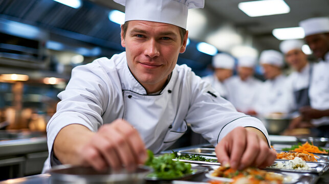 Industrial kitchen with a chef demonstrating measured portioning to a group of culinary students, steel counters gleaming under harsh overhead lights, ideal for portion control, professional nutriti