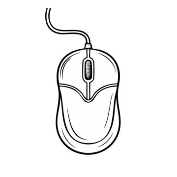 Simple illustration of a wired computer mouse with a scrolling wheel and two buttons in a black and white sketch style