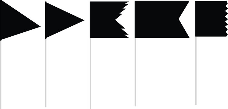 Five black flags with varied geometric edges on white poles against white background