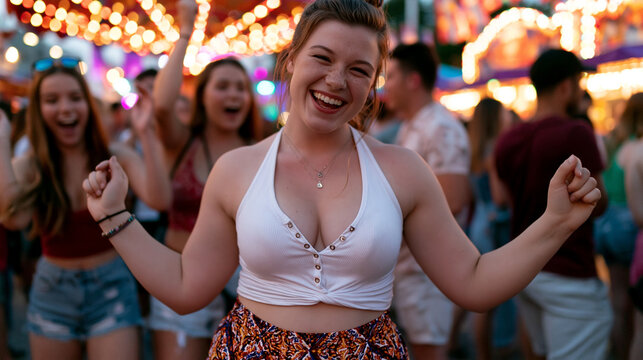 Full-figured teenager in bold patterned shorts laughing freely at a crowded summer street fair, carnival lights glowing at dusk, friends cheering around her, perfect for body positivity, teen confid