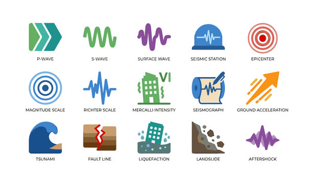Seismic hazard icons illustrating waves faults and disaster symbols