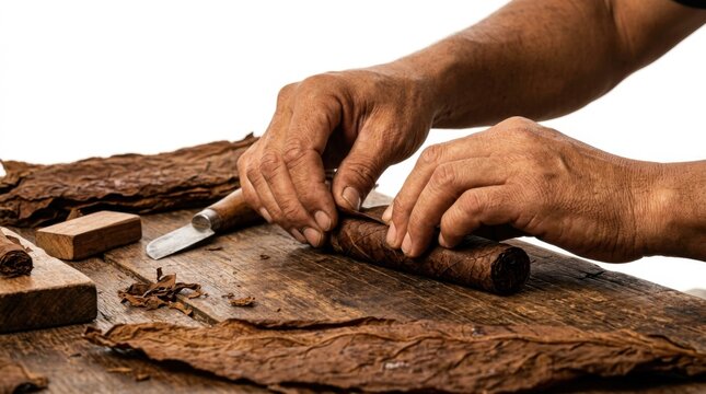 Artisan Cigar Roller Wrapping Tobacco Leaf by Hand
