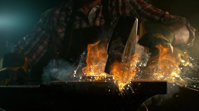 Close-up of blacksmith forging glowing hot iron on anvil with flying sparks. Super slow motion filmed on high-speed cinema camera at 1000 fps