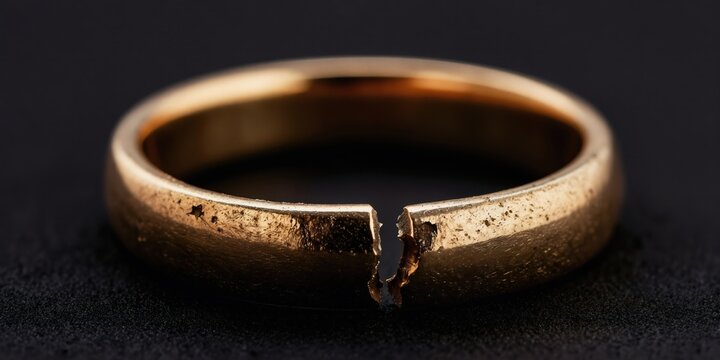 Close-up view of a worn, fractured gold wedding ring on dark surface. Metal shows signs of damage, symbolizing broken commitment, relationship end, or divorce.