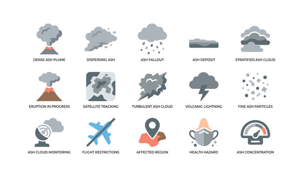 Volcanic ash hazard icons for ash cloud monitoring on white background