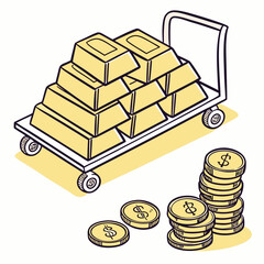 Gold bars stacked on flatbed cart with gold coins investment precious © shahin11