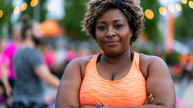 A larger-bodied woman in bright workout gear stands at the edge of a bootcamp class outdoors, arms crossed and uncertain, instructor walking over with an open welcoming expression, summer park setti