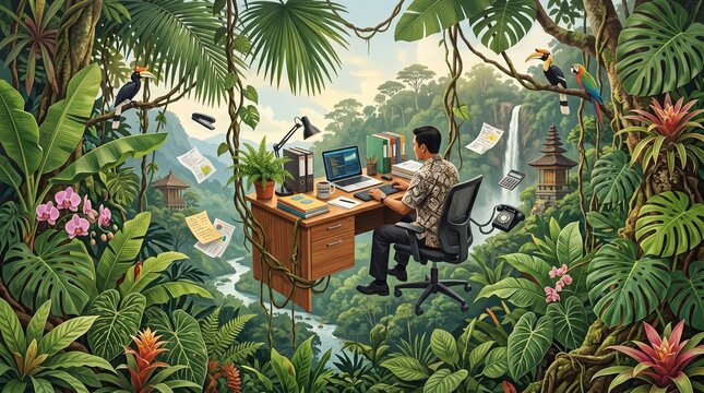 Surreal Remote Work Concept with Man at Desk in Tropical Jungle