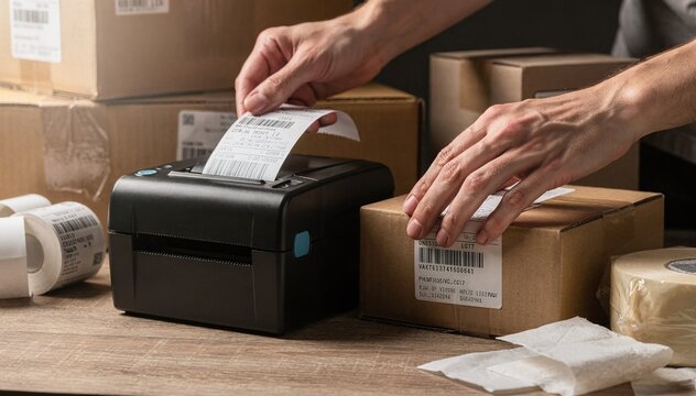 Close-up view of hands handling a label printer and preparing cardboard packages for shipment, showcasing efficient logistics and dispatch processes