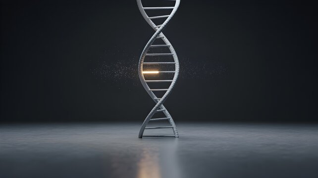 Single dna double helix model with highlighted base edit suggesting crispr gene edit concept and precision genetic modification.