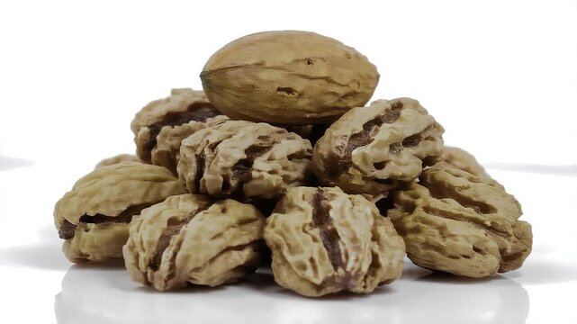 Pile of whole walnuts with textured shells and natural brown color isolated on a clean white background