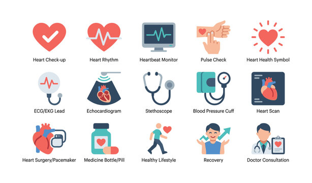 Cardiology and heart health medical icons on white background