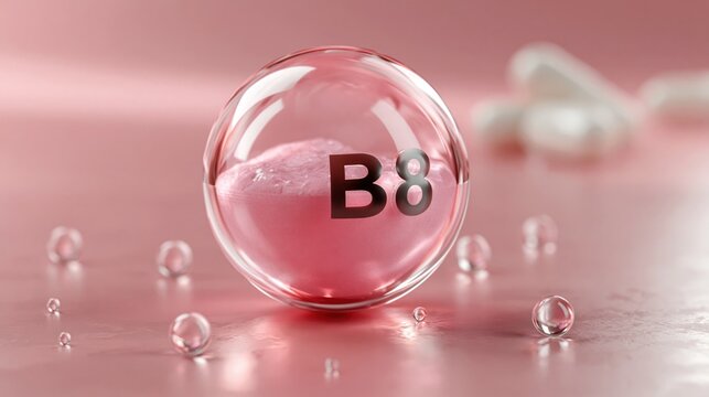 3D render of a transparent sphere capsule containing pink Vitamin B8 powder, floating in a soft aesthetic pink environment with bubbles.