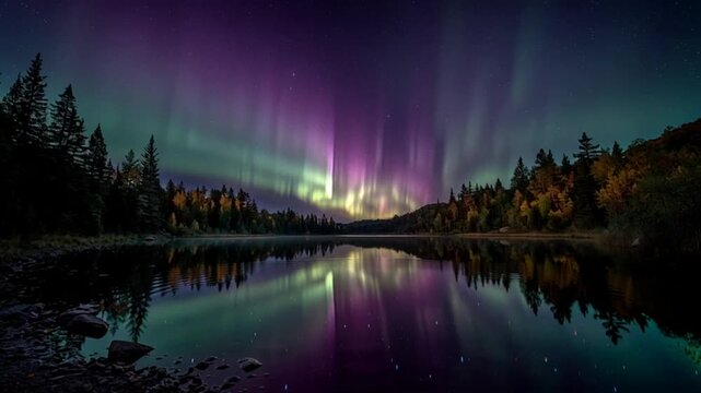 Spectacular Aurora Borealis Display Over a Serene Lake Reflected in the Still Water