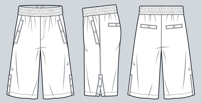 Unisex Wide Leg Bermuda Shorts Fashion Flat Technical Drawing Template Featuring Elastic Waist Side Pockets Snap Hem and Front Side Back Views
