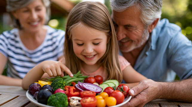 Child sitting between two grandparents at an outdoor summer picnic table, pointing at her plate and naming each food group aloud, ideal for family nutrition, child perspective, and modern outdoor th