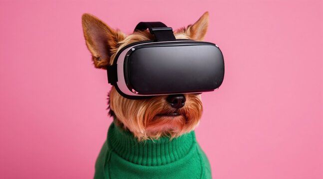 Small dog wears virtual reality headset and green sweater. Yorkshire terrier explores digital world. Playful pet interacts with futuristic tech. Animal experience VR.