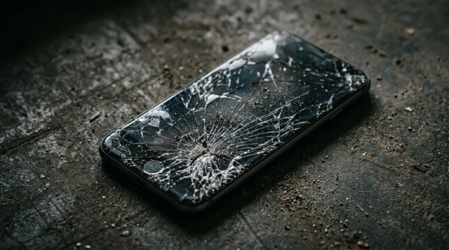 Cinematic Moody Image of Damaged Smartphone with Cracked Screen on Dark Background