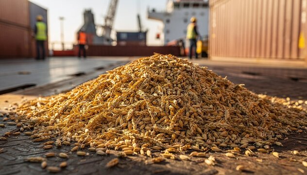 Close-up of golden grain pile on an industrial deck with blurred workers and cargo ship in background, perfect for illustrating global agriculture