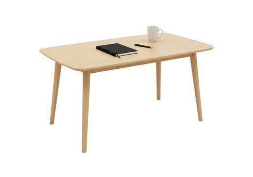 Minimalist light wood desk with angled legs and laptop setup isolated on transparent background