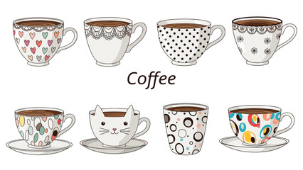 Fototapeta premium Charming collection of eight diverse coffee cups and saucers, each adorned with unique patterns including polka dots, hearts, and adorable cat faces.