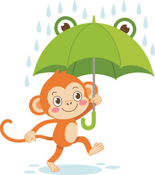 Cute cartoon monkey holding green umbrella in rainy weather illustration isolated on light background for children design