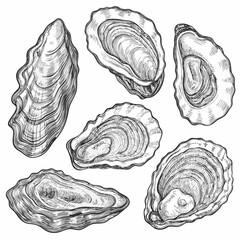 Oyster shells engraving vintage marine illustration on white background © Dilip