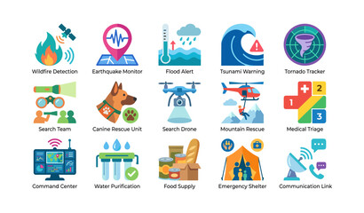 Fototapeta premium Disaster response icons for hazards and rescue on white background