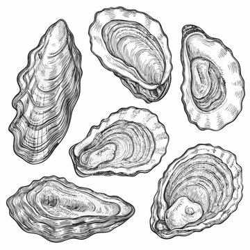 Oyster shells engraving vintage marine illustration on white background