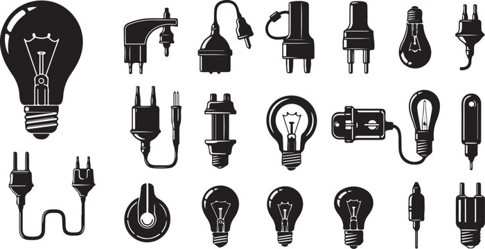 Light bulb and electrical power plug silhouette icons