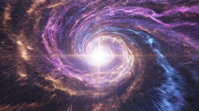 Cinematic Spiral Galaxy Animation With Glowing Purple And Gold Particle Arms Rotating In Deep Space