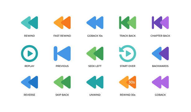 Media rewind and back icons arranged on white background