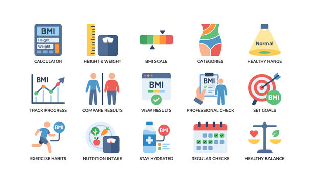 Bmi and health icons showing measurement tracking and wellness tips