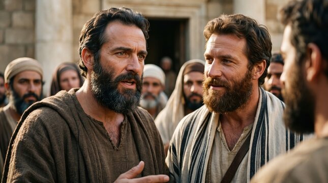 Paul and Barnabas preaching in the synagogue to the Jewish crowd. Biblical scene showing apostles talking about Jesus Christ. Ancient historical figures teaching the grace of God.