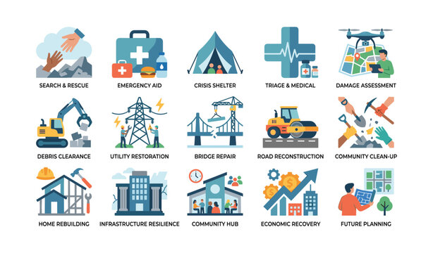 Disaster response and recovery icons arranged in grid layout