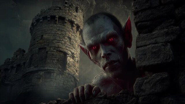 Sinister Creature With Glowing Red Eyes Peeking From Ancient Castle Wall In Darkness