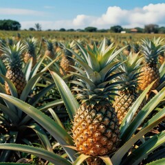 Obraz premium Pineapple field with ripe fruits. Green leaves and yellow pineapples grow on farm under blue sunny sky. Agriculture background. Healthy food plants.
