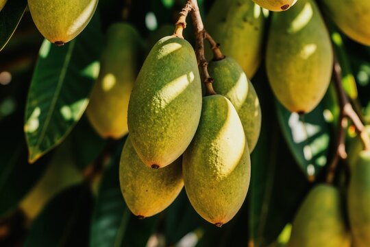 Ripe green Inga fruits hang from a tree branch. Tropical exotic food grows on plant leaves. Natural organic harvest closeup in sunlight. Healthy jungle produce.