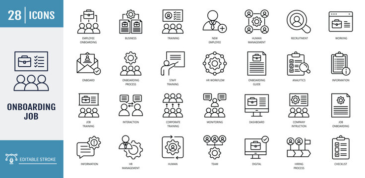 Onboarding Job icons set. including employee orientation, hiring process, hr workflow, recruitment, training, and corporate. Outline icon set. Vector illustration with editable stroke