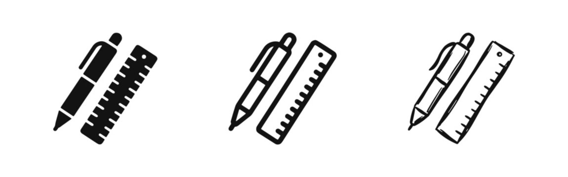 Writing and Measuring Tool Icons featuring Pen and Ruler for Design and Technical Drafting
